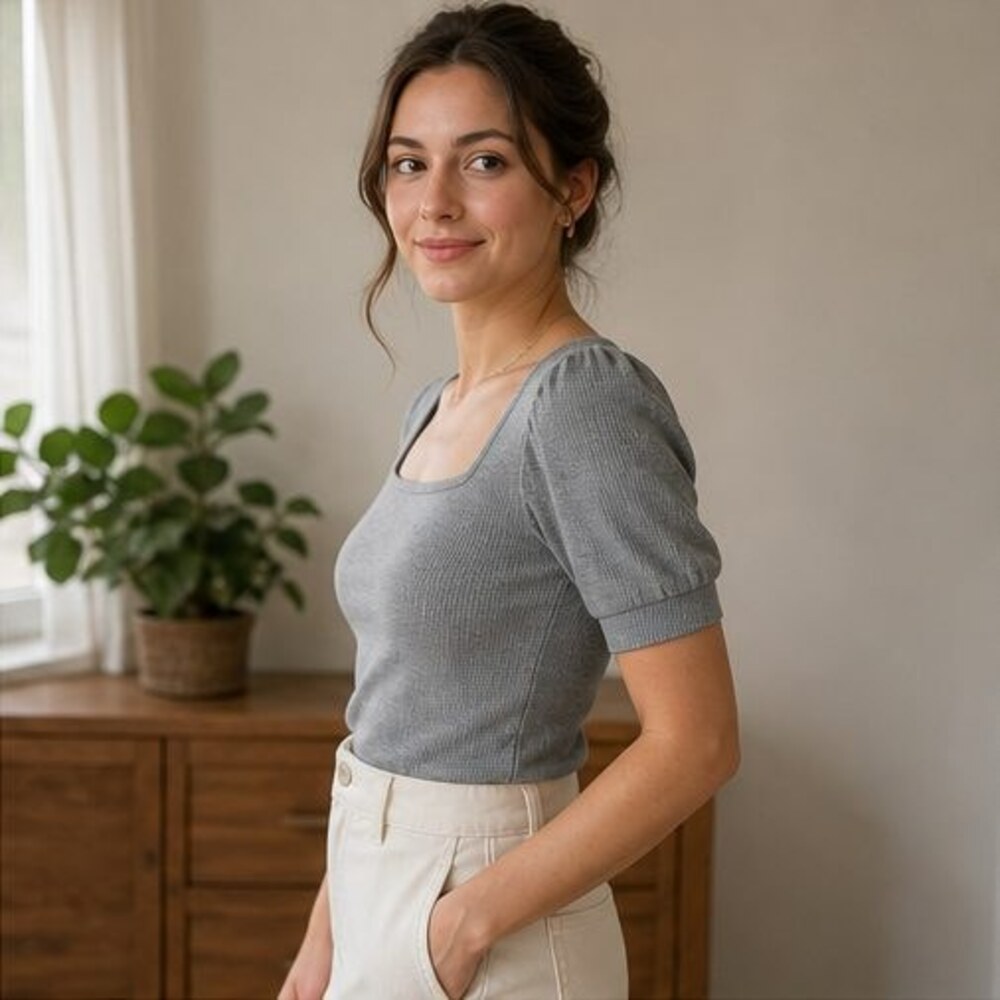 Gray Ribbed Square Neck Top - Picture 3 of 6